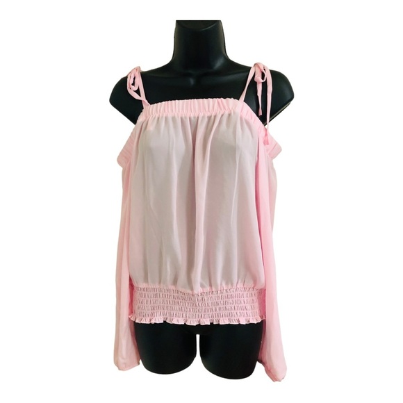 Pink cold shoulder sheer long sleeve smocked cuff waist blouse top size‎ medium - Picture 2 of 10